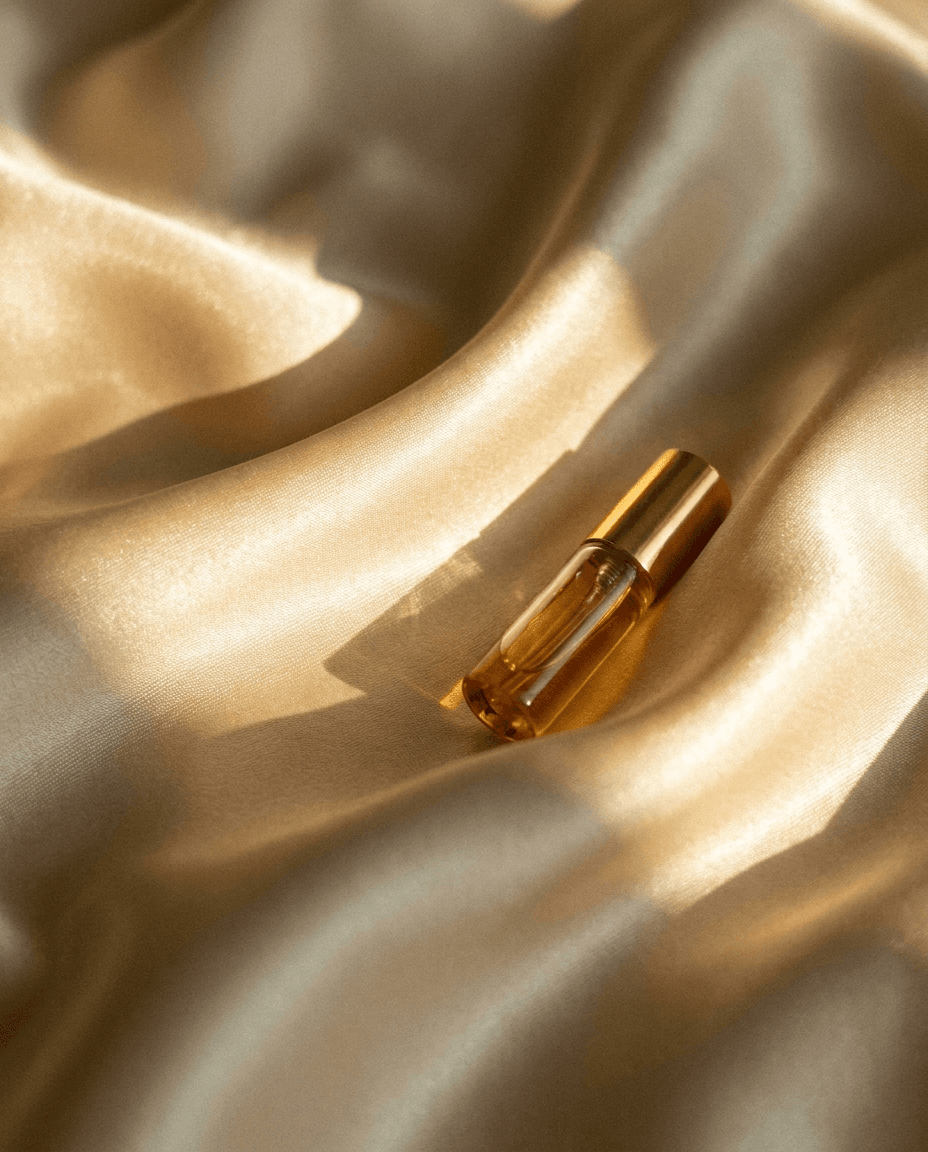 An amber fragrance vial resting on folds of golden silk
